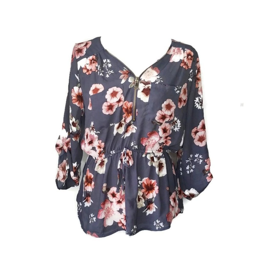 J FOR JUSTIFY Gray Floral Blouse Gold Metallic Zipper Front with Pockets Large
